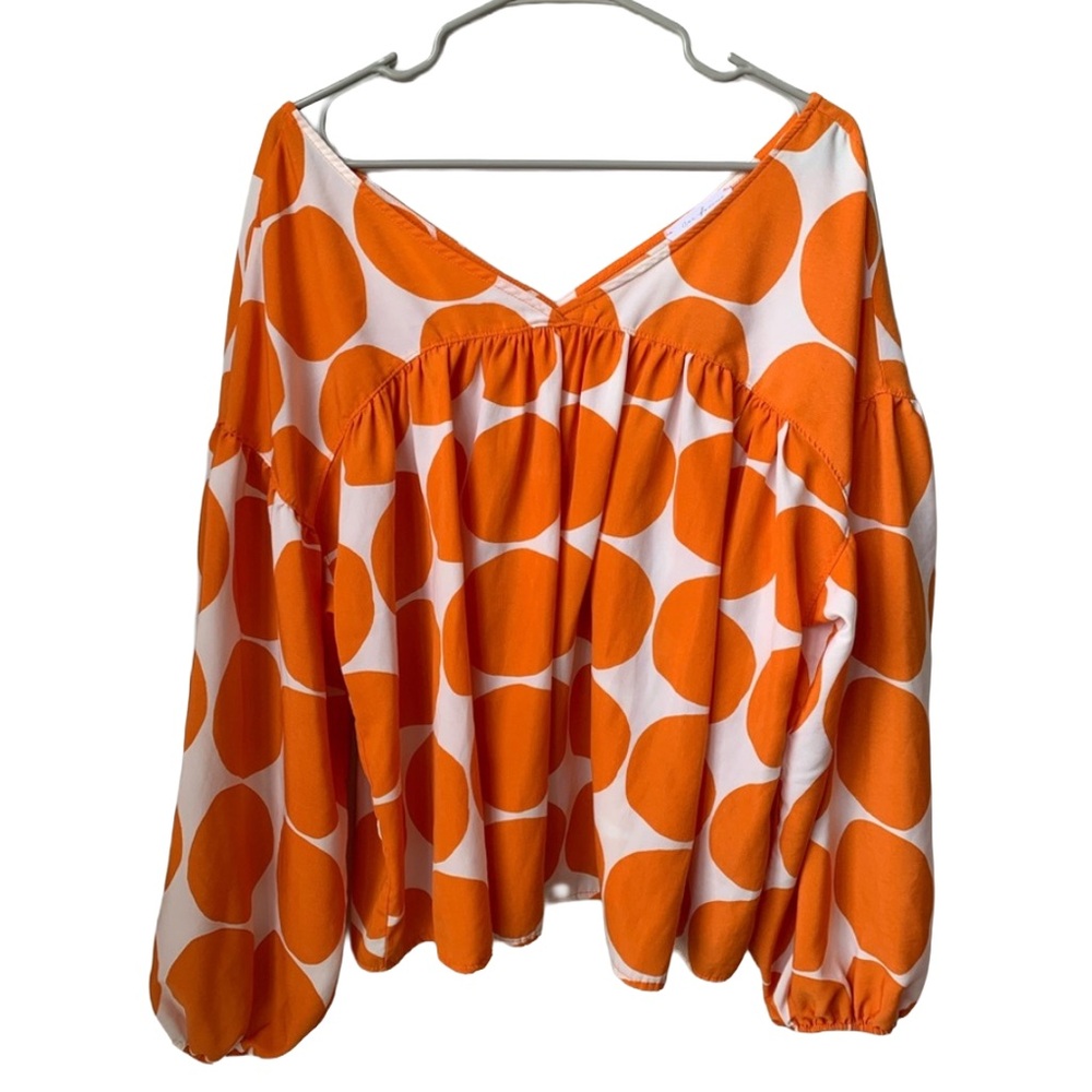 CES FEMME Deep V Front and Back 3/4 Balloon Elastic Sleeve Blouse